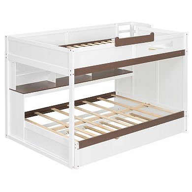 Pnronnc Full Over Full Bunk Bed with Twin Size Trundle Bed, Storage Staircase, Bookcase Shelves, LED