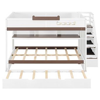Pnronnc Full Over Full Bunk Bed with Twin Size Trundle Bed, Storage Staircase, Bookcase Shelves, LED