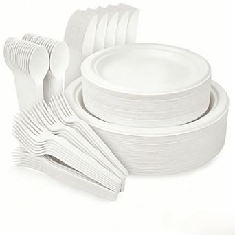 Compostable Party Utensils Set: Eco Friendly Disposable Plates, Forks, Knives, Spoons for Events