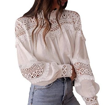 Women’s Boho Lace Shirts Elegant Hollow Out Embroidered Long Sleeve Blouse
