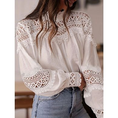 Women’s Boho Lace Shirts Elegant Hollow Out Embroidered Long Sleeve Blouse