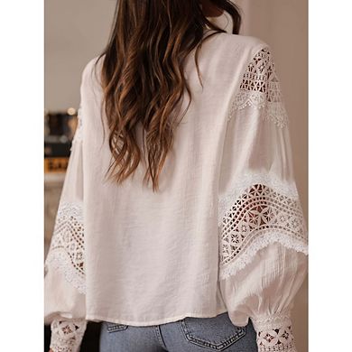 Women’s Boho Lace Shirts Elegant Hollow Out Embroidered Long Sleeve Blouse