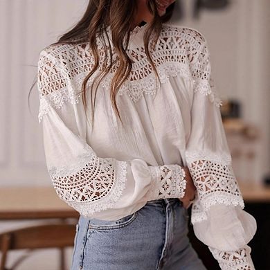 Women’s Boho Lace Shirts Elegant Hollow Out Embroidered Long Sleeve Blouse