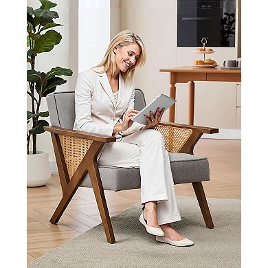 Mid Century Modern Armchair Rattan Backrest Wood Frame Textured Fabric Padded Seat