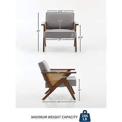 Mid Century Modern Armchair Rattan Backrest Wood Frame Textured Fabric Padded Seat