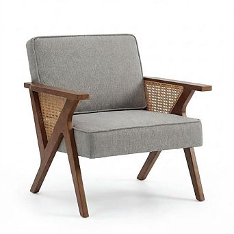 Mid Century Modern Armchair Rattan Backrest Wood Frame Textured Fabric Padded Seat