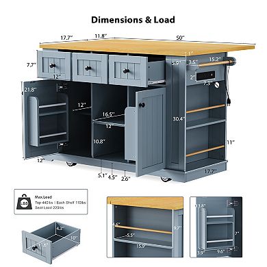 Pnronnc Rolling Kitchen Storage Island with Drop Leaf, Power Outlet Freestanding Bakers Cart