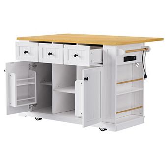 Pnronnc Rolling Kitchen Storage Island with Drop Leaf, Power Outlet Freestanding Bakers Cart