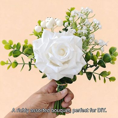 6 Pcs Artificial Flower Centerpieces in Vase, White Rose Eucalyptus Table Decor with Glass