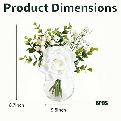 6 Pcs Artificial Flower Centerpieces in Vase, White Rose Eucalyptus Table Decor with Glass