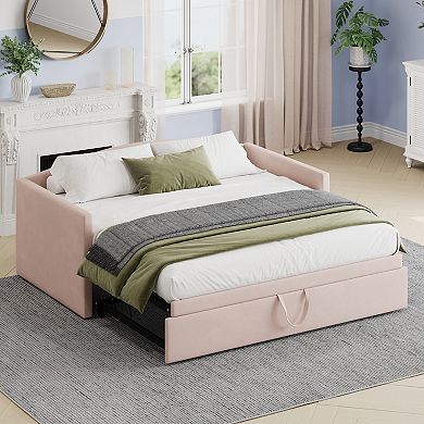 Pnronnc Velvet Upholstered Sofa Bed Twin Size Daybed with Pop Up Trundle, Space-Saving Twin to King
