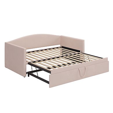 Pnronnc Velvet Upholstered Sofa Bed Twin Size Daybed with Pop Up Trundle, Space-Saving Twin to King