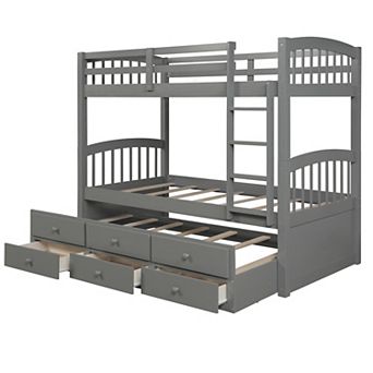 Pnronnc Twin Over Twin Wooden Frame Bunk Bed with Ladder, Rail, Trundle Bed and 3 Drawers