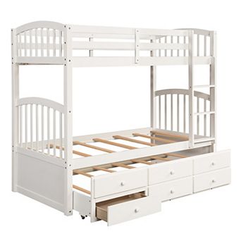 Pnronnc Twin Over Twin Wooden Frame Bunk Bed with Ladder, Rail, Trundle Bed and 3 Drawers
