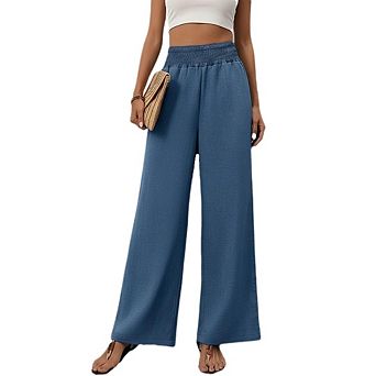 Womens Wide Leg Pants Palazzo Casual Pleated Elastic Waist Dressy Long Lounge