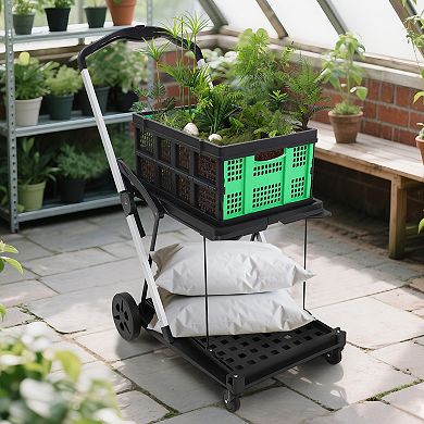 Collapsible Utility Trolley ,2-Tier Collapsible Garden Cart with Wheels，Removable Storage Crate