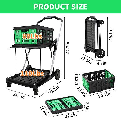 Collapsible Utility Trolley ,2-Tier Collapsible Garden Cart with Wheels，Removable Storage Crate