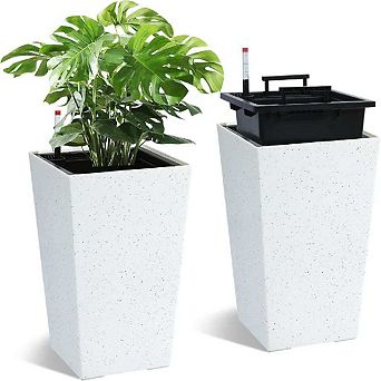 Set of 2 Planters 21.7 in Tall with Self Watering Water Level Monitor Mobility Wheels Drainage