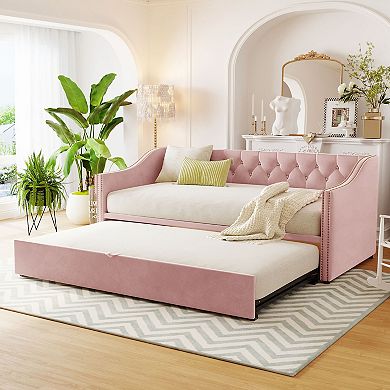 Pnronnc Twin to King Design Sofa Bed Upholstered Daybed with Pop Up Trundle Bed