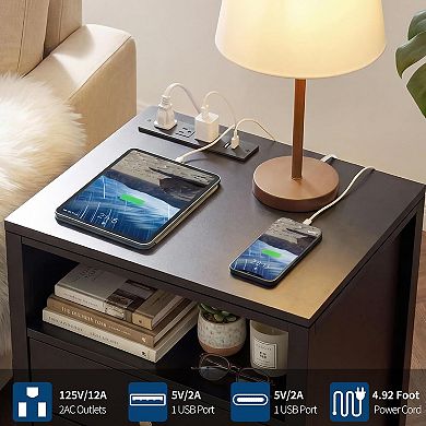 ANIXOL Farmhouse Nightstand with Charging Station;USB Outlets;2 Drawers