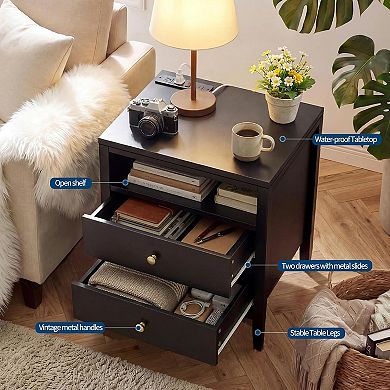 ANIXOL Farmhouse Nightstand with Charging Station;USB Outlets;2 Drawers
