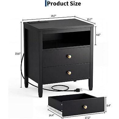 ANIXOL Farmhouse Nightstand with Charging Station;USB Outlets;2 Drawers