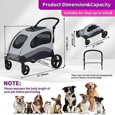 Folding Large Dog Stroller,Pet Wagon,Swivel Wheels,Adjustable Handle,Storage Pocket 160lbs Capacity