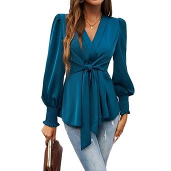 Women's Office V Neck Long Sleeves Satin Tops Causal Dressy Tie Front Wrap Blouse