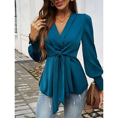 Women's Office V Neck Long Sleeves Satin Tops Causal Dressy Tie Front Wrap Blouse