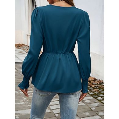 Women's Office V Neck Long Sleeves Satin Tops Causal Dressy Tie Front Wrap Blouse