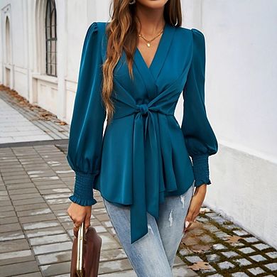 Women's Office V Neck Long Sleeves Satin Tops Causal Dressy Tie Front Wrap Blouse