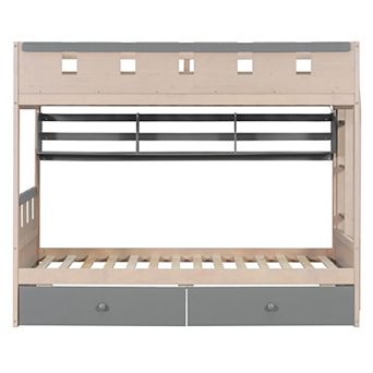 Pnronnc Castle Style Bunk Bed Storage Frame Bunk Bed with Ambient LED Light, 2 Drawers and Bookcase