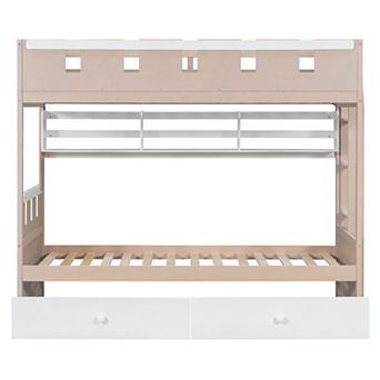 Pnronnc Castle Style Bunk Bed Storage Frame Bunk Bed with Ambient LED Light, 2 Drawers and Bookcase