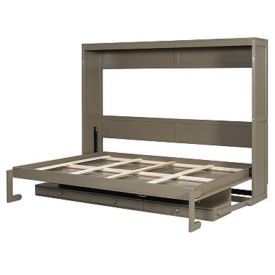 Pnronnc Hydraulic Lift Murphy Bed Queen Wall Fold Cabinet Bed wVanity Desk, Center Mirror, Drawers