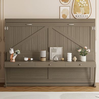 Pnronnc Hydraulic Lift Murphy Bed Queen Wall Fold Cabinet Bed wVanity Desk, Center Mirror, Drawers