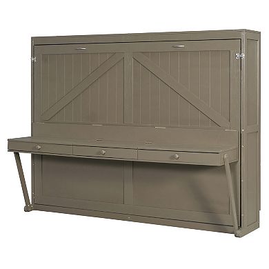 Pnronnc Hydraulic Lift Murphy Bed Queen Wall Fold Cabinet Bed wVanity Desk, Center Mirror, Drawers