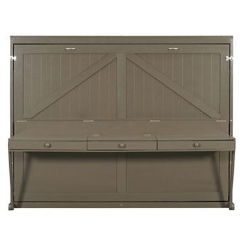 Pnronnc Hydraulic Lift Murphy Bed Queen Wall Fold Cabinet Bed wVanity Desk, Center Mirror, Drawers