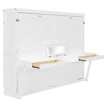 Pnronnc Hydraulic Lift Murphy Bed Queen Wall Fold Cabinet Bed wVanity Desk, Center Mirror, Drawers
