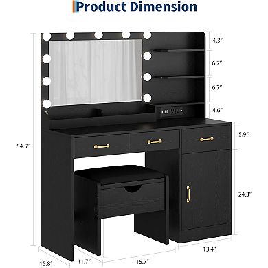 ANIXOL Modern Vanity Desk with LED Lighted Mirror，Built-in Charging Station,3 Drawers and a stool