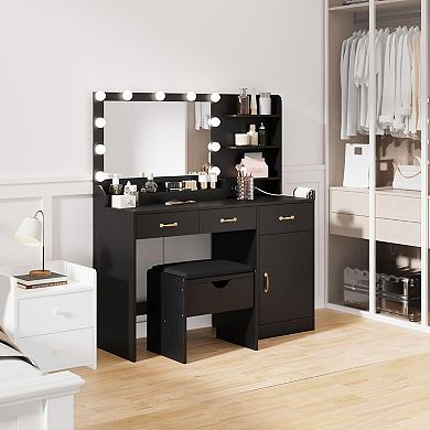 ANIXOL Modern Vanity Desk with LED Lighted Mirror，Built-in Charging Station,3 Drawers and a stool