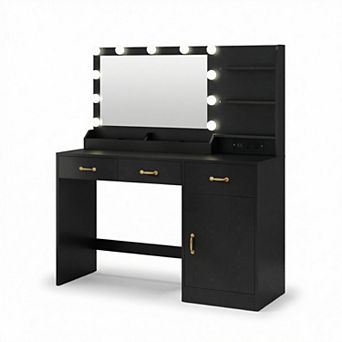 ANIXOL Modern Vanity Desk with LED Lighted Mirror，Built-in Charging Station,3 Drawers and a stool