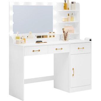 ANIXOL Modern Vanity Desk with LED Lighted Mirror，Built-in Charging Station,3 Drawers and a stool