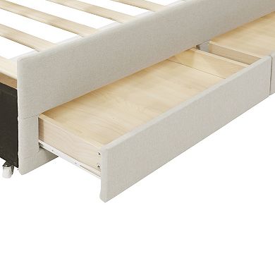 Pnronnc Linen Fabric Upholstered Platform Bed with Trundle Bed and 3 Drawers, Storage Bed