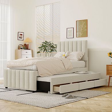 Pnronnc Linen Fabric Upholstered Platform Bed with Trundle Bed and 3 Drawers, Storage Bed