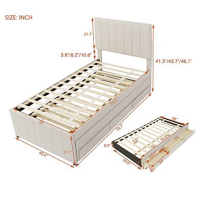 Pnronnc Linen Fabric Upholstered Platform Bed with Trundle Bed and 3 Drawers, Storage Bed
