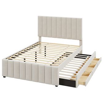 Pnronnc Linen Fabric Upholstered Platform Bed with Trundle Bed and 3 Drawers, Storage Bed