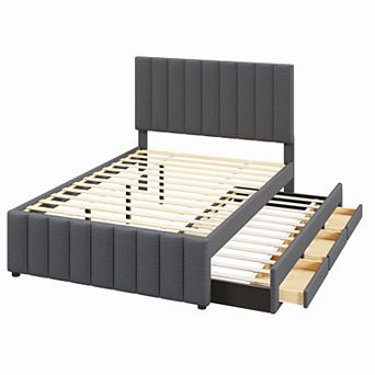 Pnronnc Linen Fabric Upholstered Platform Bed with Trundle Bed and 3 Drawers, Storage Bed