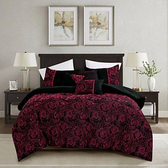 Black and Red Floral Scroll Comforter Set