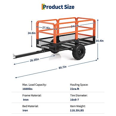 Dump Wagon,Heavy Duty Steel Garden Utility Cart,1500 lbs Capacity ,22 Cu.Ft Trailer,2 Wheels