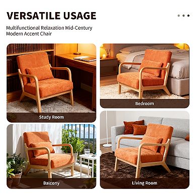 Trikiousd Mid Century Modern Armchair, Accent Chair with Solid Wood Frame & Detachable Lumbar Pillow